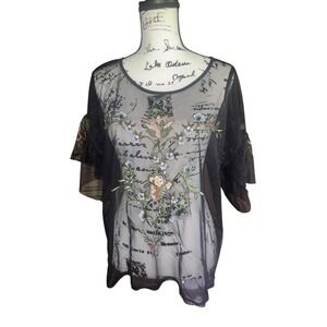 Black See-Through Embroidered Top With Flower Details Size XL